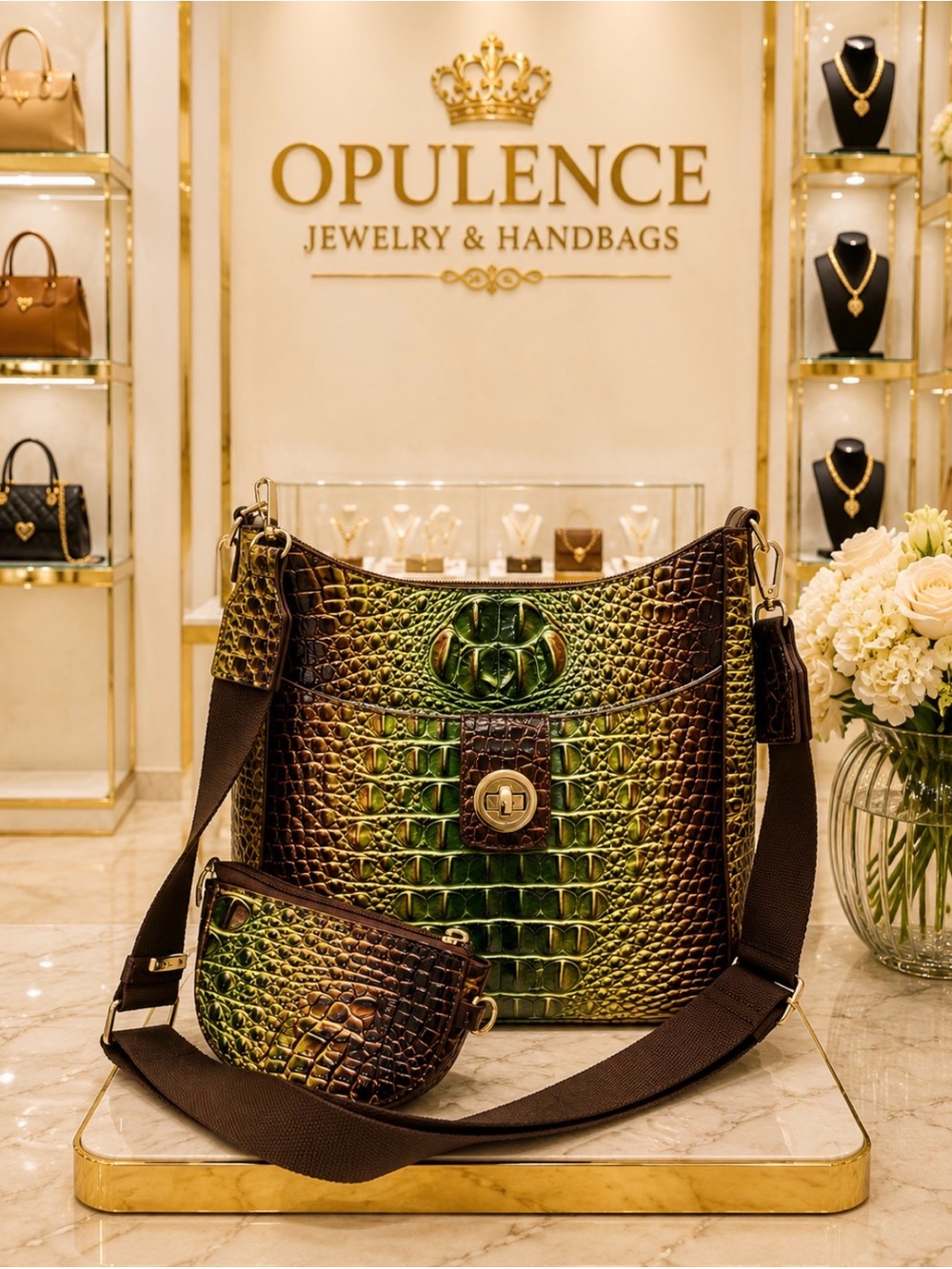 Croc-Embossed Leather Shoulder Bag in Brown & Green